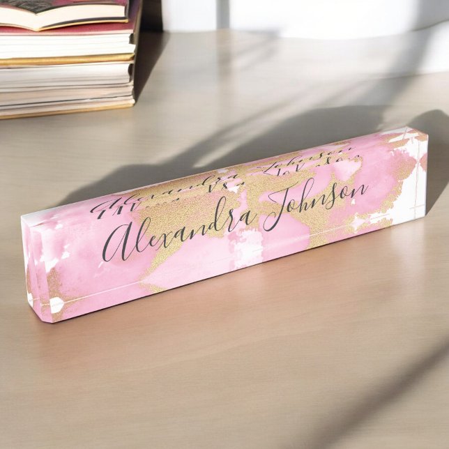 Blush Pink and Gold Foil Wash Girly Desk Name Plate (Creator Uploaded)