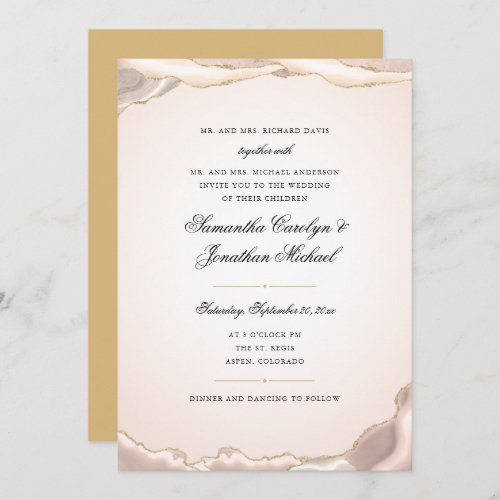 Blush Pink and Gold Glitter Agate Script Wedding Invitation - This wedding invitation offers a modern design featuring a blush pink and gold glitter agate border. The text is accented with elegant script text.