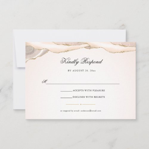 Blush Pink and Gold Glitter Agate Script Wedding RSVP Card - This wedding RSVP card offers a simple modern design featuring a blush pink and gold glitter agate border across the top. The text is accented with elegant script text.