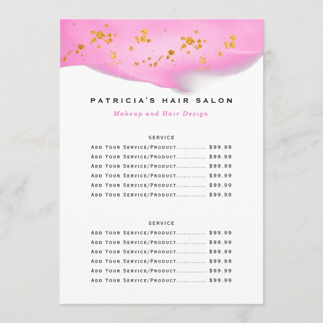 Blush Pink And Gold Glitter Biz Price List Menu (Front)