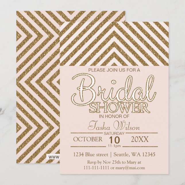 Blush Pink and Gold Glitter Bridal Shower Invite (Front/Back)