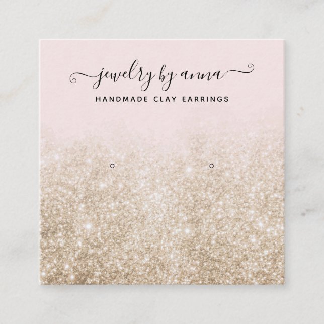 Blush Pink and Gold Glitter Earring Studs Display Square Business Card (Front)