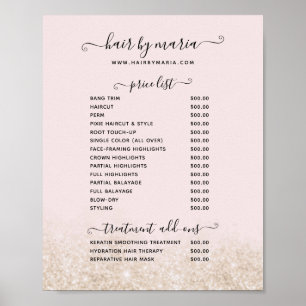 Blush Pink and Gold Glitter Hair Salon Price List Poster