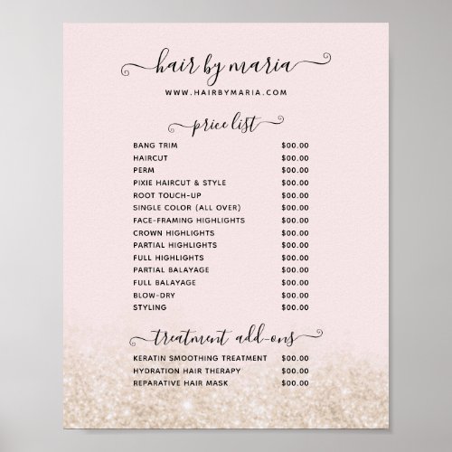 Blush Pink and Gold Glitter Hair Salon Price List Poster