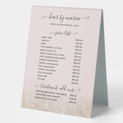 Blush Pink and Gold Glitter Hair Salon Price List  Table Tent Sign