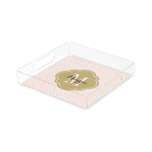 Blush Pink and Gold Greek Key Monogram Acrylic Tray (Angled)
