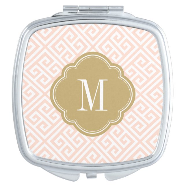 Blush Pink and Gold Greek Key Monogram Compact Mirror (Front)