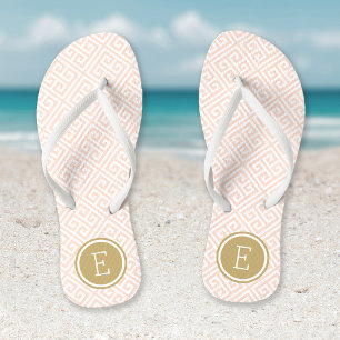 Blush Pink and Gold Greek Key Monogram Flip Flops