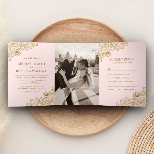 Blush Pink and Gold Lace Wedding Photo Tri_Fold Invitation