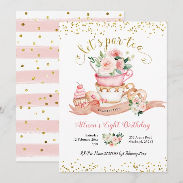 Blush Pink and Gold  Let's Par-Tea Girl Birthday I Invitation (Front/Back)