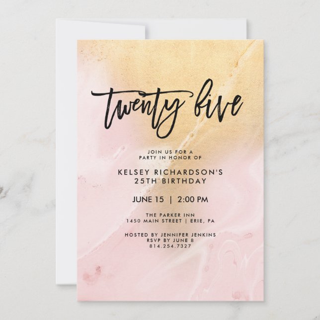 Blush Pink and Gold Marble | 25th Birthday Party Invitation (Front)