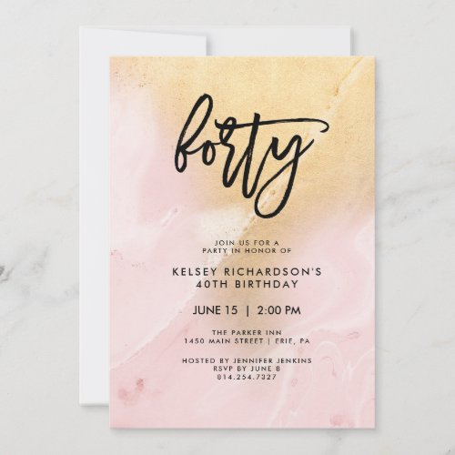 Blush Pink and Gold Marble  40th Birthday Party Invitation