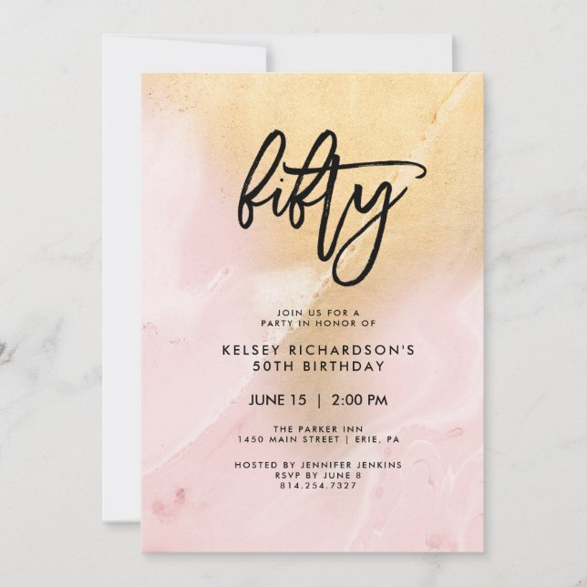 Blush Pink and Gold Marble | 50th Birthday Party Invitation (Front)