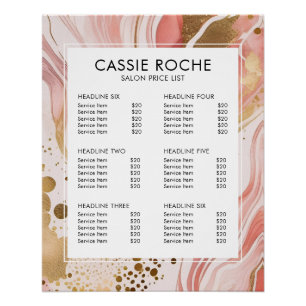 Blush pink and gold marble salon price list poster