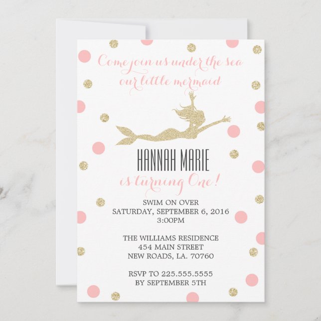 Blush Pink and Gold Mermaid Birthday Party Invitation (Front)