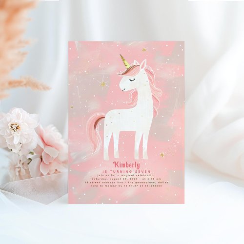 Blush Pink and Gold Minimalist Unicorn Birthday Invitation