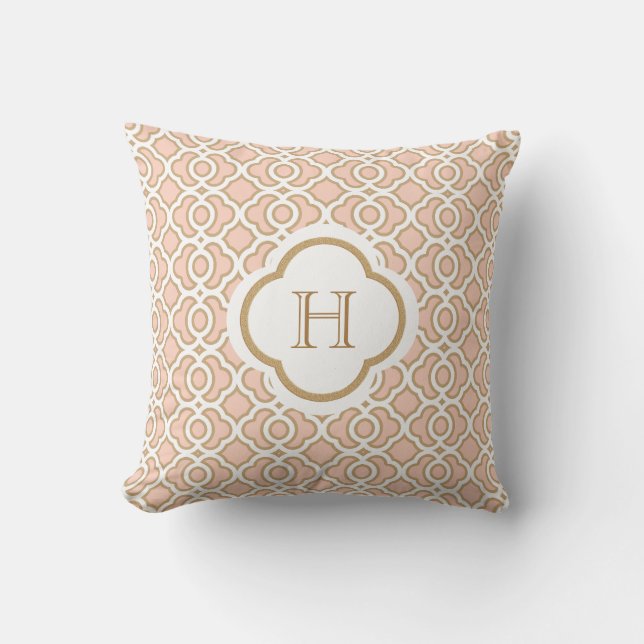 Blush PInk and Gold Moroccan Monogram Throw Pillow (Front)