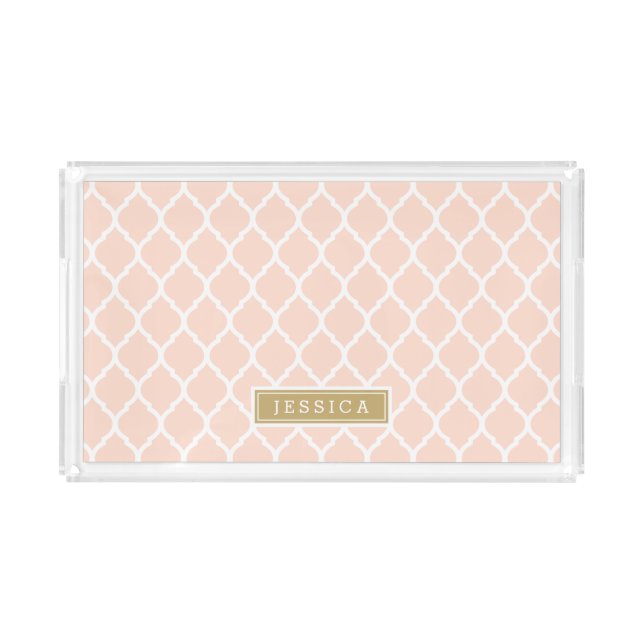 Blush Pink and Gold Moroccan Quatrefoil Monogram Acrylic Tray (Front)