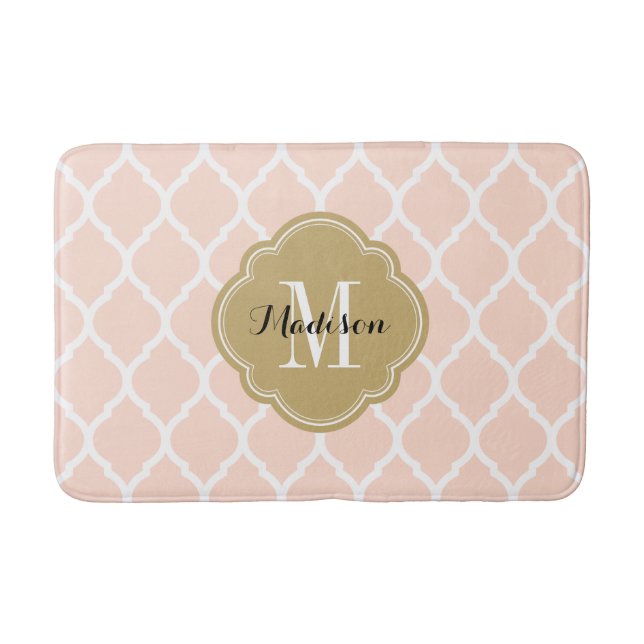 Blush Pink and Gold Moroccan Quatrefoil Monogram Bathroom Mat (Front)