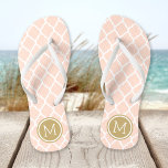 Blush Pink and Gold Moroccan Quatrefoil Monogram Flip Flops<br><div class="desc">Custom printed flip flop sandals with a stylish Moroccan quatrefoil pattern and your custom monogram or other text in a circle frame. Click Customize It to change text fonts and colors or add your own images to create a unique one of a kind design!</div>