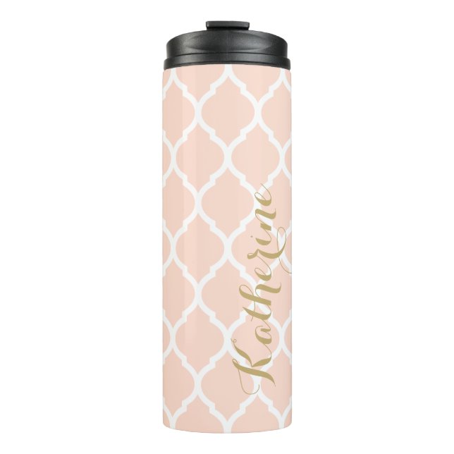 Blush Pink and Gold Moroccan Quatrefoil Monogram Thermal Tumbler (Front)