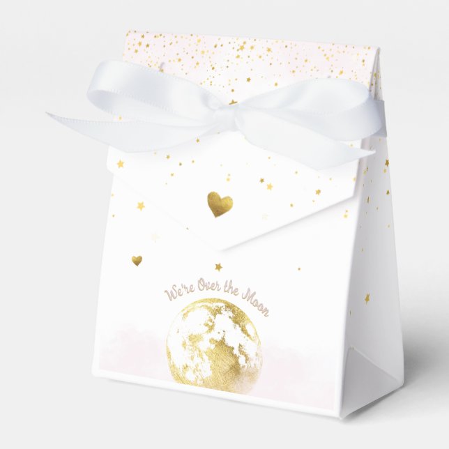 Blush Pink and Gold Over the Moon Baby Shower Favor Boxes (Front Side)