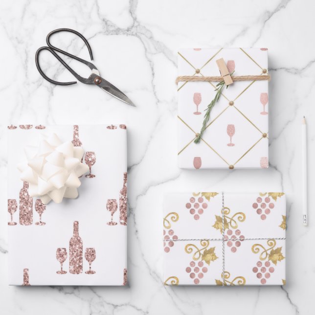 Blush Pink and Gold Paris Vin Rosé Wrapping Paper Sheets (Front)
