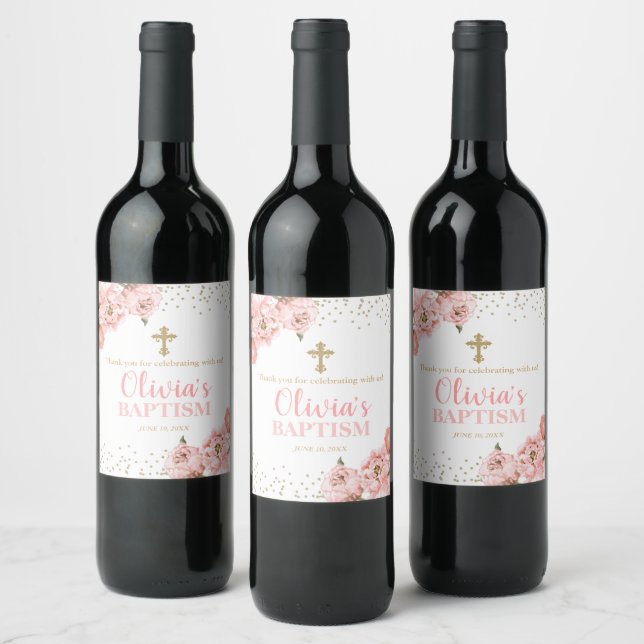 Blush Pink and Gold Peony Baptism Wine Label (Bottles)