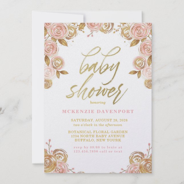 Blush Pink and Gold Peony Chic Girl Baby Shower Invitation (Front)