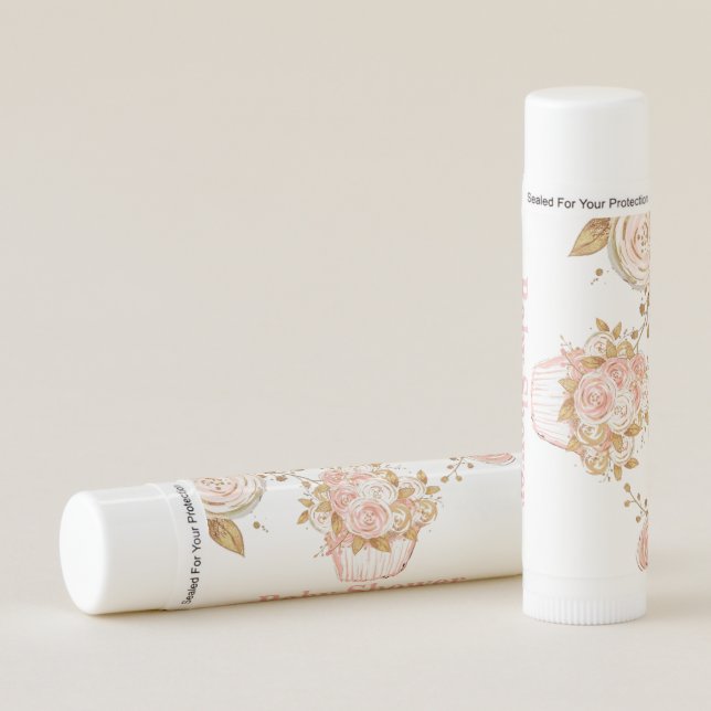 Blush Pink and Gold Peony Cupcake Baby Shower Lip Balm (Front)