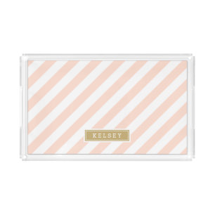 Blush Pink and Gold Preppy Stripes Monogram Acrylic Tray