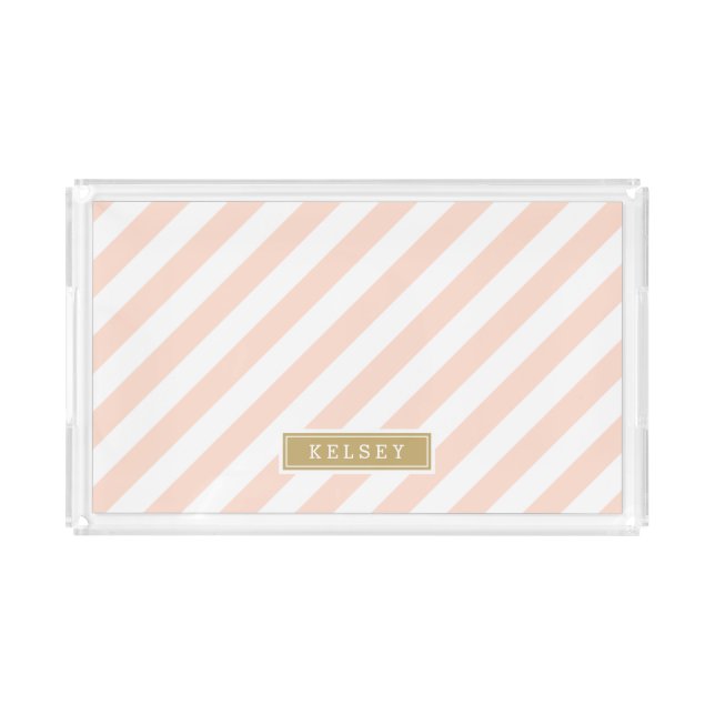 Blush Pink and Gold Preppy Stripes Monogram Acrylic Tray (Front)