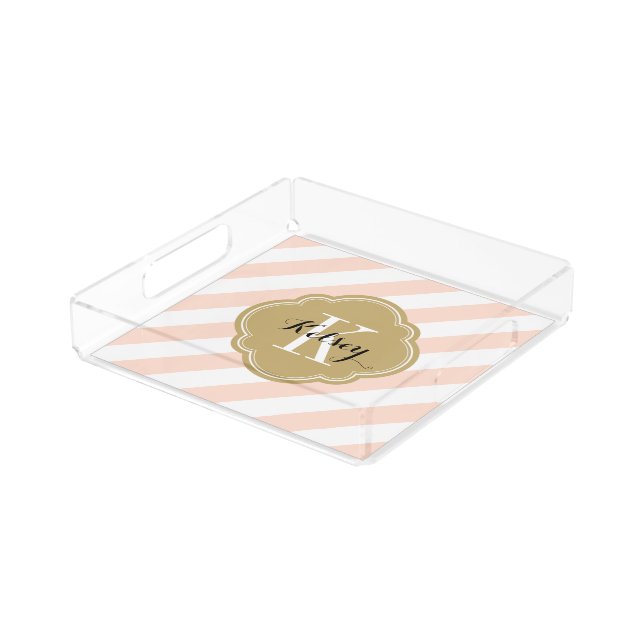 Blush Pink and Gold Preppy Stripes Monogram Acrylic Tray (Angled)