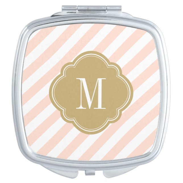 Blush Pink and Gold Preppy Stripes Monogram Mirror For Makeup (Front)