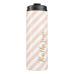 Blush Pink and Gold Preppy Stripes Monogram Thermal Tumbler