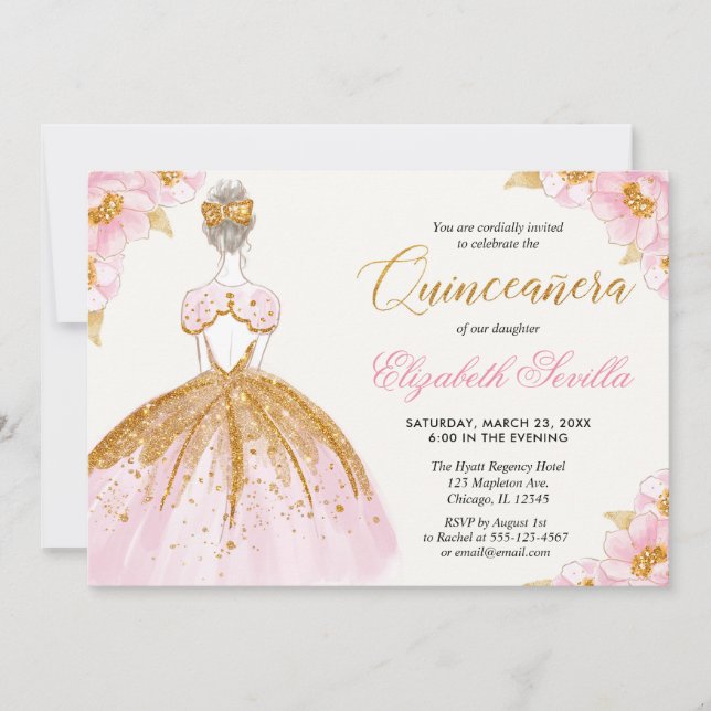 Blush pink and gold princess quinceanera invitation (Front)