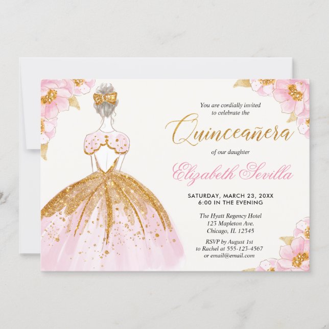 Blush pink and gold princess quinceanera invitation (Front)