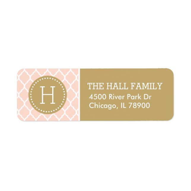 Blush Pink and Gold Quatrefoil Monogram Label (Front)