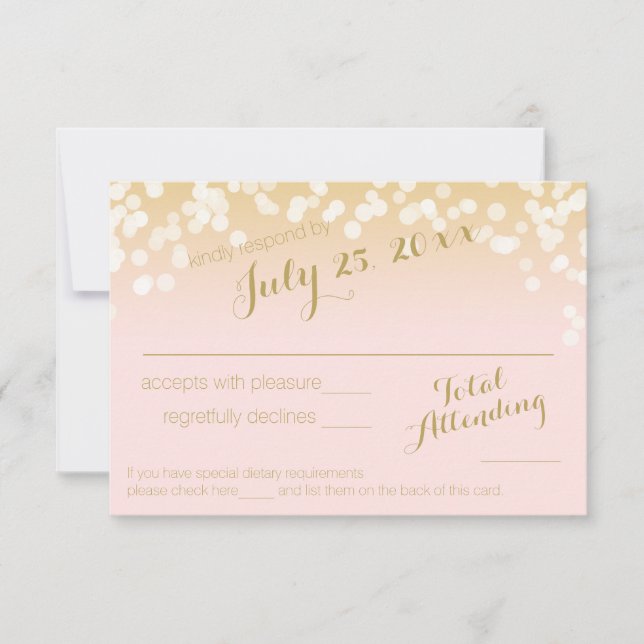 Blush Pink and Gold Sparkle Lights RSVP Card (Front)