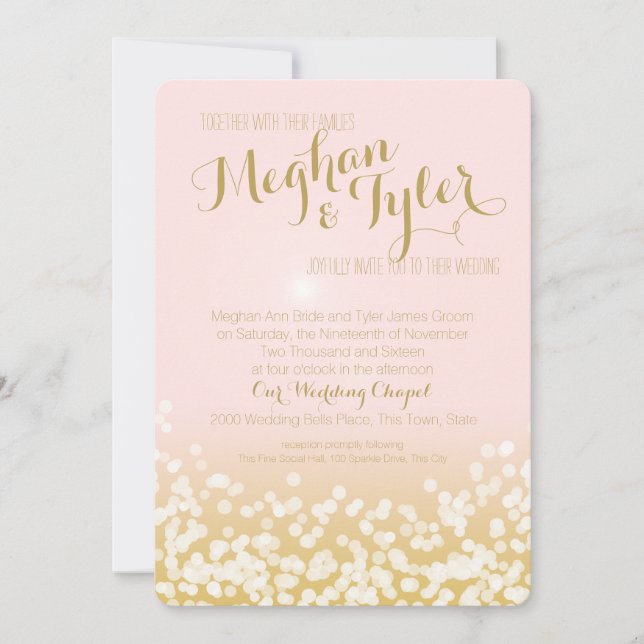 Blush Pink and Gold Sparkle Lights Wedding Invitation (Front)
