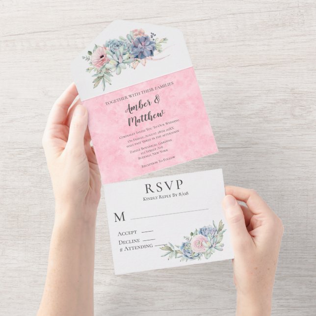 Blush Pink and Gold Succulents Wedding  All In One Invitation (Tearaway)