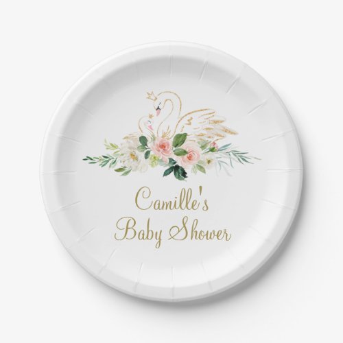 Blush Pink and gold Swan Baby shower Paper Plates