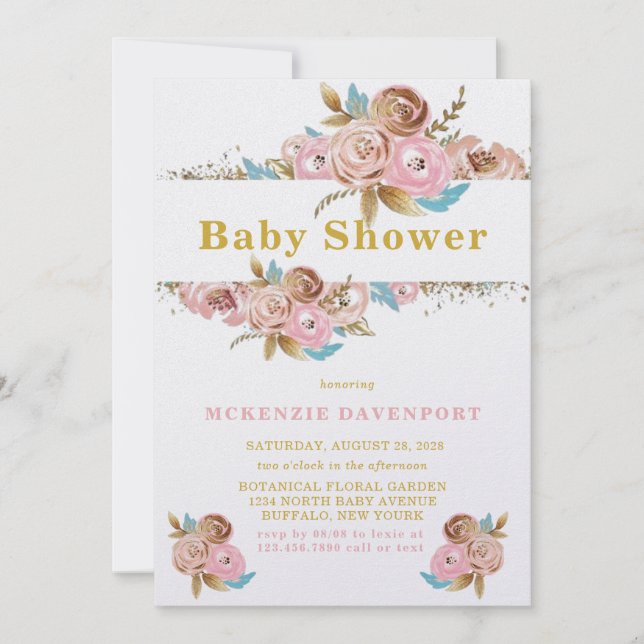 Blush Pink and Gold Teal Peony Baby Shower Invitation (Front)