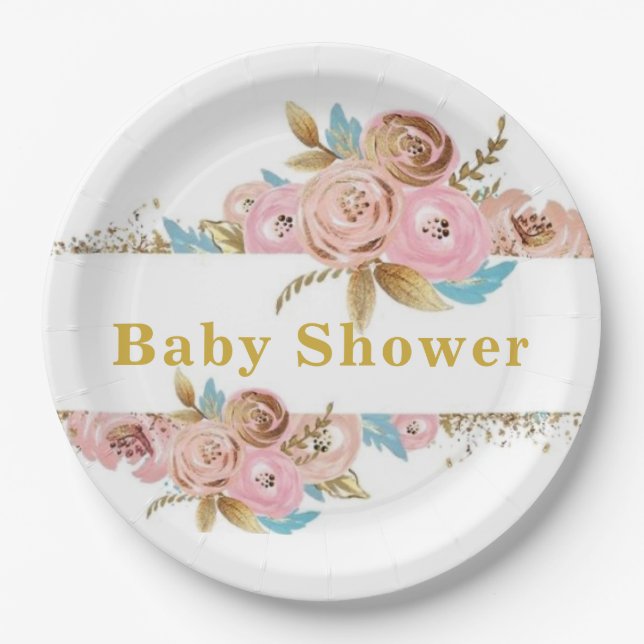 Blush Pink and Gold Teal Peony Baby Shower Paper Plates (Front)