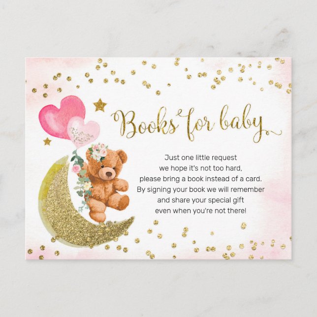 Blush Pink and Gold Teddy Bear Books for Baby Invitation Postcard (Front)
