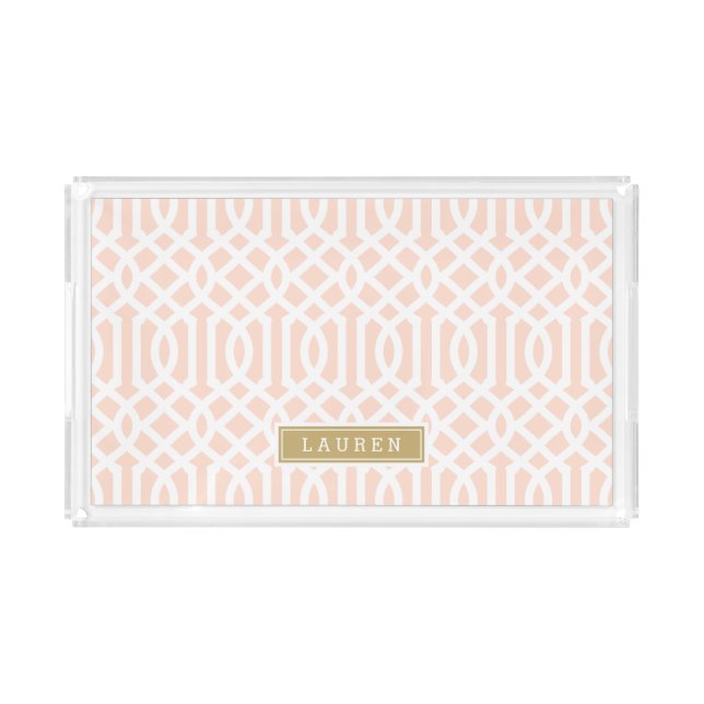 Blush Pink and Gold Trellis Monogram Acrylic Tray (Front)