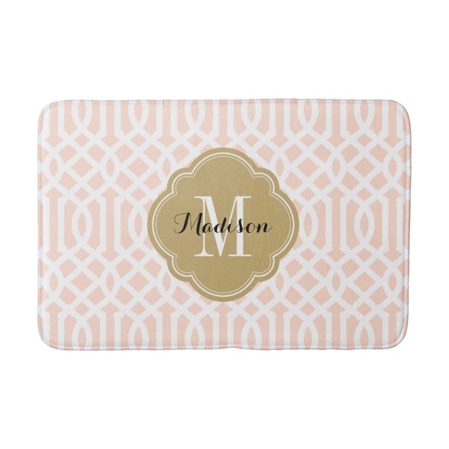 Blush Pink and Gold Trellis Monogram Bathroom Mat (Front)