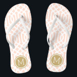 Blush Pink and Gold Trellis Monogram Flip Flops<br><div class="desc">Custom printed flip flop sandals with a stylish modern trellis pattern and your custom monogram or other text in a circle frame. Click Customize It to change text fonts and colors or add your own images to create a unique one of a kind design!</div>