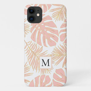 Blush pink and gold tropical leaves and monogram iPhone 11 case