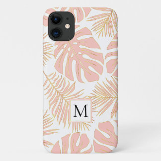 Blush pink and gold tropical leaves and monogram iPhone 11 case